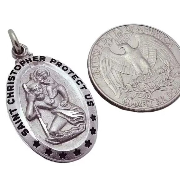 Vintage Saint Christopher Protect Us Sterling Silver Enamel Slide Pendant Charm - Picture 6 of 6